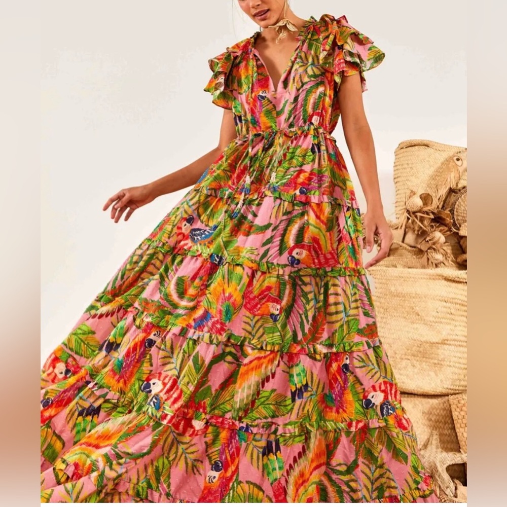 Farm Rio Anthropologie Macaw Leaves Flutter Sleeve Maxi Dress Ruffle S